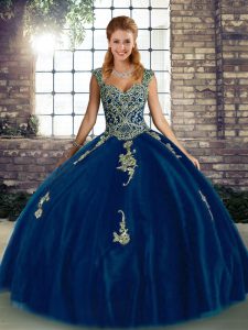 Sleeveless Floor Length Beading and Appliques Lace Up Sweet 16 Quinceanera Dress with Royal Blue