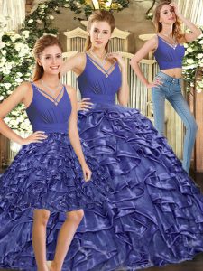Ideal Lavender Ball Gowns V-neck Sleeveless Organza Floor Length Brush Train Backless Ruffles Quinceanera Gowns