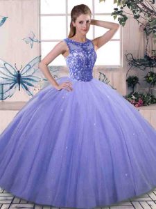 Attractive Floor Length Lace Up Quinceanera Dress Lavender for Military Ball and Sweet 16 and Quinceanera with Beading