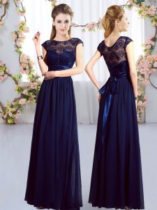 Navy Blue Cap Sleeves Chiffon Zipper Quinceanera Court Dresses for Wedding Party