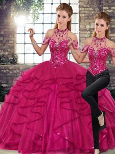 Modest Fuchsia Halter Top Lace Up Beading and Ruffles Quinceanera Dress Sleeveless