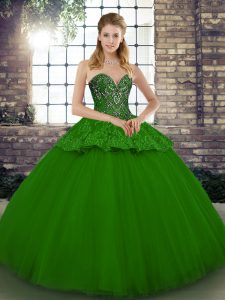 Inexpensive Sweetheart Sleeveless 15 Quinceanera Dress Floor Length Beading and Appliques Green Tulle