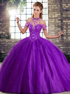 Cute Purple Halter Top Neckline Beading 15th Birthday Dress Sleeveless Lace Up