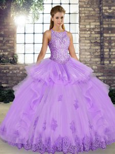 Fabulous Sleeveless Tulle Floor Length Lace Up Quinceanera Gown in Lavender with Lace and Embroidery and Ruffles