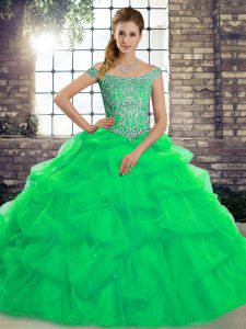 Hot Sale Green Sleeveless Brush Train Beading and Pick Ups 15th Birthday Dress
