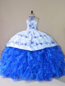 Royal Blue Ball Gowns Halter Top Sleeveless Organza Court Train Lace Up Embroidery and Ruffles Sweet 16 Quinceanera Dress