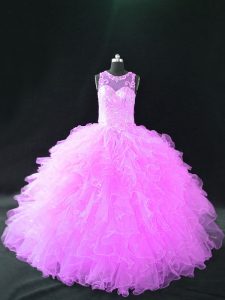 Pretty Scoop Sleeveless Organza Quinceanera Gowns Beading and Ruffles Lace Up