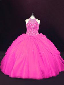 Captivating Hot Pink Ball Gowns Halter Top Sleeveless Tulle Floor Length Lace Up Beading Quinceanera Dresses