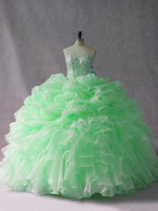 Sleeveless Organza Brush Train Lace Up Sweet 16 Dress in Apple Green with Beading and Ruffles