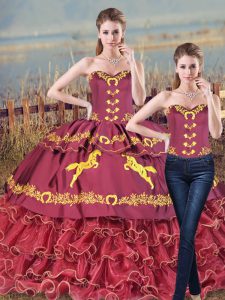 Sleeveless Embroidery and Ruffles Lace Up 15th Birthday Dress with Burgundy Brush Train