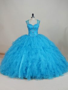 Captivating Baby Blue 15th Birthday Dress Sweet 16 and Quinceanera with Beading and Ruffles Straps Sleeveless Zipper