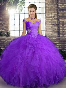 Floor Length Lace Up 15 Quinceanera Dress Purple for Military Ball and Sweet 16 and Quinceanera with Beading and Ruffles