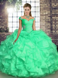 New Arrival Turquoise Ball Gowns Off The Shoulder Sleeveless Organza Floor Length Lace Up Beading and Ruffles Ball Gown Prom Dress