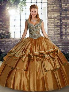 Brown Straps Lace Up Beading and Ruffled Layers Sweet 16 Quinceanera Dress Sleeveless