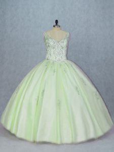 Sleeveless Tulle Lace Up Ball Gown Prom Dress in Yellow Green with Beading