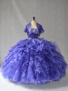 Exceptional Beading and Ruffles Ball Gown Prom Dress Blue Lace Up Sleeveless Floor Length