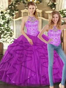 Custom Designed Halter Top Sleeveless Lace Up Quinceanera Dress Purple Tulle
