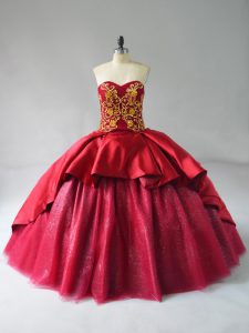 Wine Red Sweet 16 Dresses Sweet 16 and Quinceanera with Beading and Embroidery Sweetheart Sleeveless Court Train Lace Up