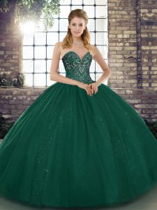 Sleeveless Floor Length Beading Lace Up 15th Birthday Dress with Peacock Green