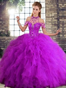 Purple Sleeveless Beading and Ruffles Floor Length 15 Quinceanera Dress