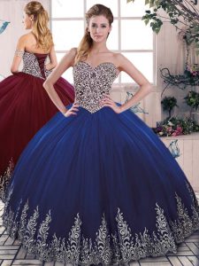 Hot Sale Floor Length Lace Up Sweet 16 Quinceanera Dress Royal Blue for Sweet 16 and Quinceanera with Beading and Embroidery