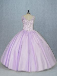 Lavender Tulle Lace Up 15th Birthday Dress Sleeveless Floor Length Beading