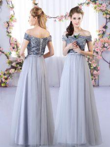 Discount Grey Tulle Lace Up Off The Shoulder Sleeveless Floor Length Dama Dress for Quinceanera Appliques