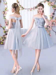 Designer Tulle Off The Shoulder Sleeveless Lace Up Lace and Belt Dama Dress for Quinceanera in Grey