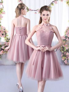 A-line Quinceanera Court Dresses Pink Halter Top Tulle Sleeveless Knee Length Lace Up