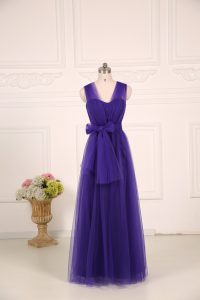 Flare Sleeveless Floor Length Ruching Zipper Damas Dress with Purple