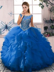 Chic Ball Gowns Sweet 16 Dress Blue Scoop Organza Sleeveless Floor Length Zipper