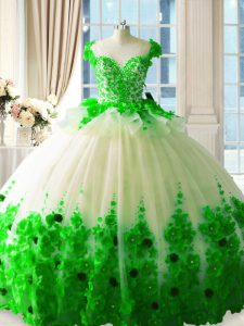 Green Sleeveless Tulle Brush Train Zipper Sweet 16 Dress for Sweet 16 and Quinceanera