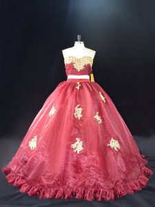 Modern Sweetheart Sleeveless Zipper Quinceanera Gown Red and Burgundy Organza