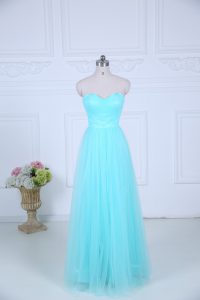 Shining Aqua Blue Empire Tulle Sweetheart Sleeveless Ruching Floor Length Zipper Dama Dress