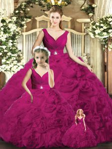 Fuchsia Ball Gowns Beading Sweet 16 Quinceanera Dress Backless Fabric With Rolling Flowers Sleeveless Floor Length