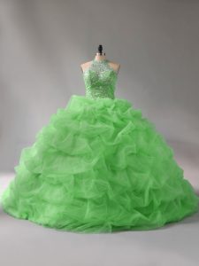 Gorgeous Organza Halter Top Sleeveless Court Train Lace Up Beading and Pick Ups Quinceanera Gown in