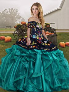 Teal Off The Shoulder Neckline Embroidery and Ruffles Sweet 16 Dresses Sleeveless Lace Up