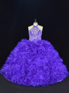 Fancy Halter Top Sleeveless Quinceanera Dresses Floor Length Beading and Ruffles Purple Organza