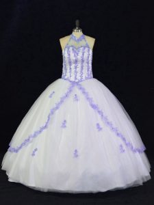 Sleeveless Tulle Floor Length Lace Up Quinceanera Gowns in White And Purple with Appliques