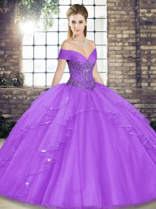 Trendy Sleeveless Floor Length Beading and Ruffles Lace Up Ball Gown Prom Dress with Lavender