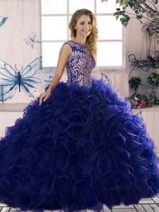 Romantic Purple Organza Lace Up Scoop Sleeveless Floor Length Quinceanera Gowns Beading and Ruffles