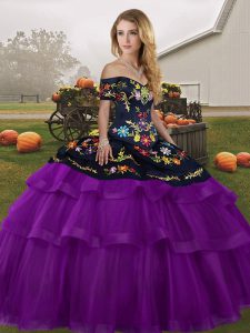 Captivating Black And Purple Lace Up Sweet 16 Dress Embroidery and Ruffled Layers Sleeveless Brush Train