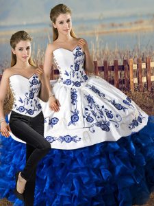 Blue And White Two Pieces Satin and Organza Sweetheart Sleeveless Embroidery and Ruffles Floor Length Lace Up Quinceanera Dresses