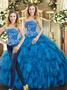 Vintage Blue Two Pieces Beading and Ruffles Quinceanera Dress Lace Up Tulle Sleeveless Floor Length
