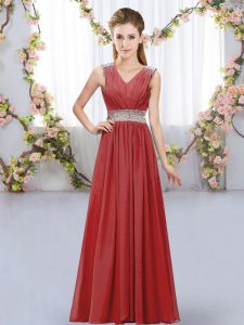 Top Selling Sleeveless Floor Length Beading and Belt Lace Up Quinceanera Court of Honor Dress with Wine Red