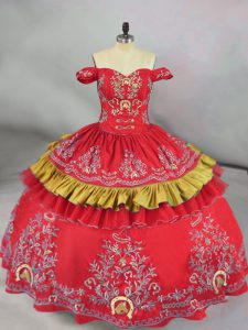 Red Ball Gowns Satin Off The Shoulder Sleeveless Embroidery Floor Length Lace Up Quinceanera Gown