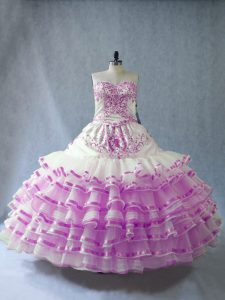 Sweet Lilac Lace Up Sweetheart Embroidery and Ruffled Layers Vestidos de Quinceanera Organza Sleeveless