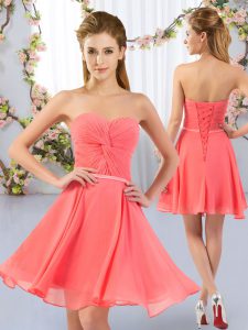 Mini Length Lace Up Dama Dress Watermelon Red for Wedding Party with Ruching