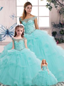 Off The Shoulder Sleeveless Tulle Quinceanera Gown Beading and Ruffles Lace Up