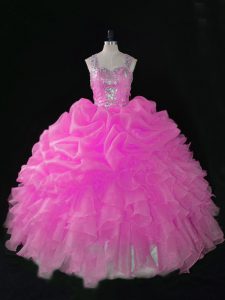 New Arrival Sleeveless Floor Length Beading and Ruffles and Pick Ups Zipper Ball Gown Prom Dress with Rose Pink